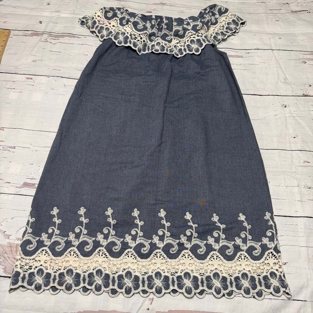 Kaktus Chambray Denim Eyelet Lace Ruffled Off The Shoulder Dress - Picture 5 of 7